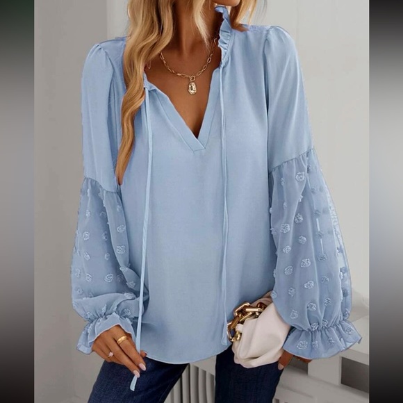 Boho Swiss dot frill trim tie neck blouse blue - Picture 3 of 16